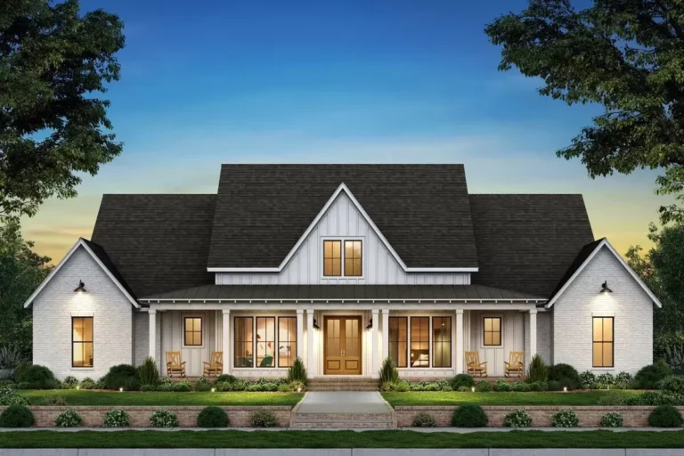 Symmetrical 4-Bed Modern Farmhouse Plan with Home Office and Bonus Room – 3292 Sq Ft (Floor Plan)