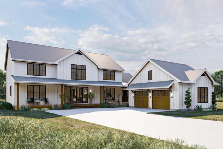 Modern Farmhouse Plan with Dogtrot and 5 Bedrooms (Floor Plan)