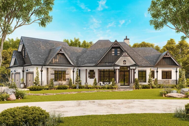 Single-Story New American Craftsman with Angled Garage – 6387 Sq Ft (Floor Plan)