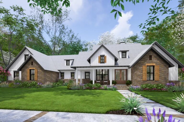 4-Bed Modern Farmhouse Plan with Bonus Room Over Garage – 2385 Sq Ft (Floor Plan)