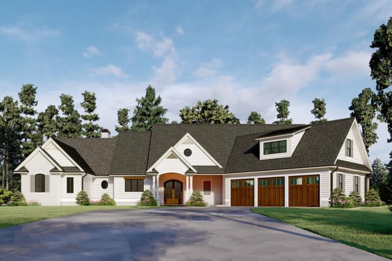 Two-story Country House Plan with Home Office and Angled Garage (Floor Plan)