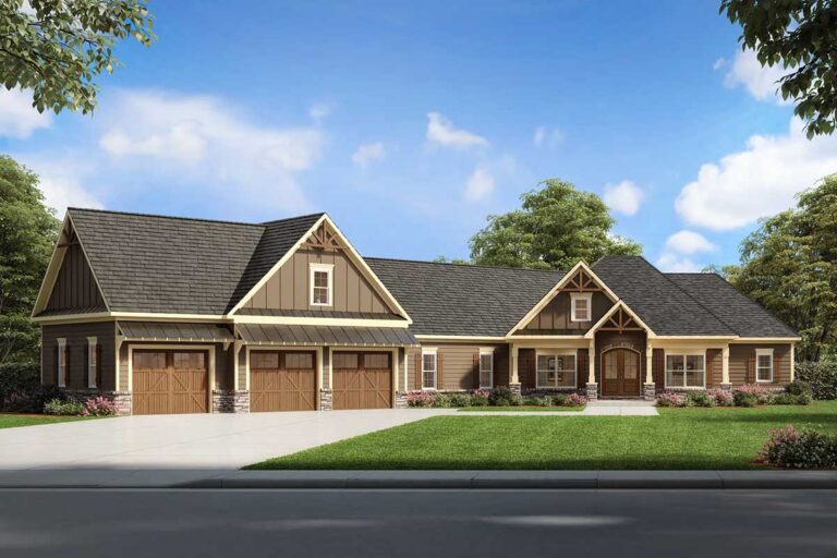 Craftsman House Plan with 3-Car Angled Garage (Floor Plan)