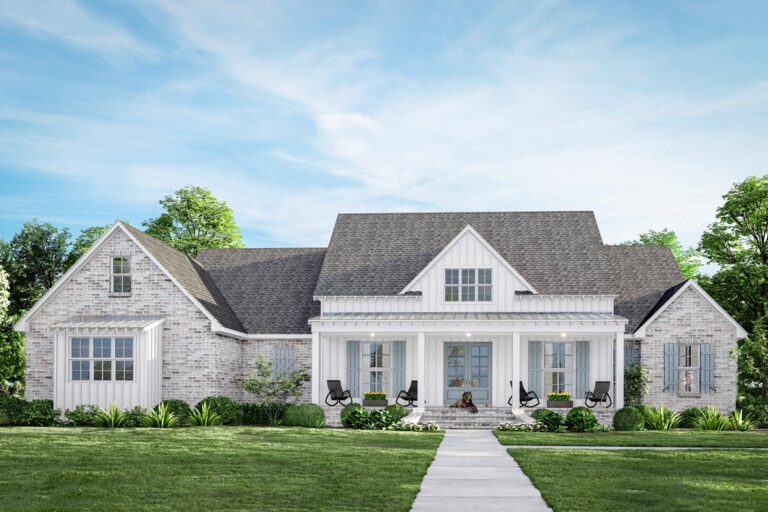 5-Bed Acadian Country Home Plan with Split-Bed Layout and Bonus Level (Floor Plan)