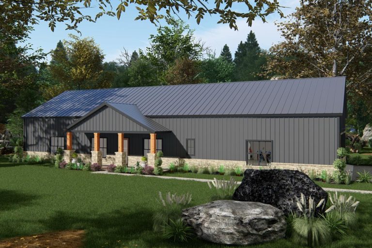 2600 Square Foot Modern Ranch Barndominium Plan with 14 Foot Ceilings in Open Living Area (Floor Plan)