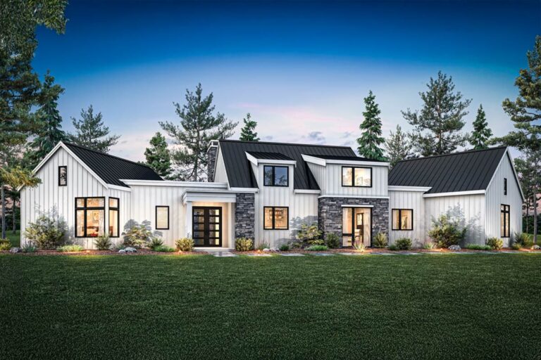 Transitional Modern Farmhouse with Angled Garage and Vaulted Living Room (Floor Plan)