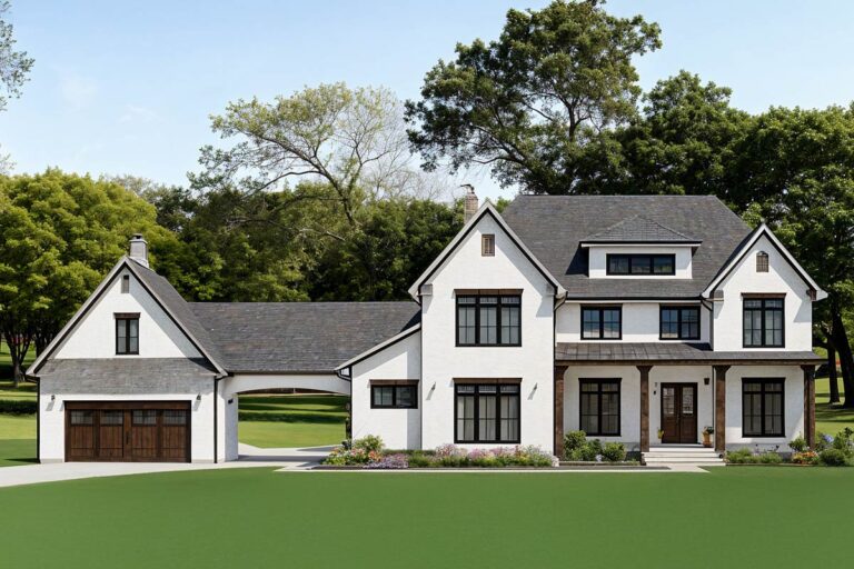 5 Bed New American Farmhouse Plan with Garage Workshop and Upstairs Playroom (Floor Plan)