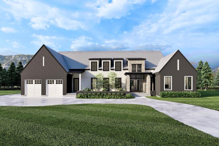 Transitional Farmhouse with Vaulted Game Room and 2-Side Fireplace (Floor Plan)