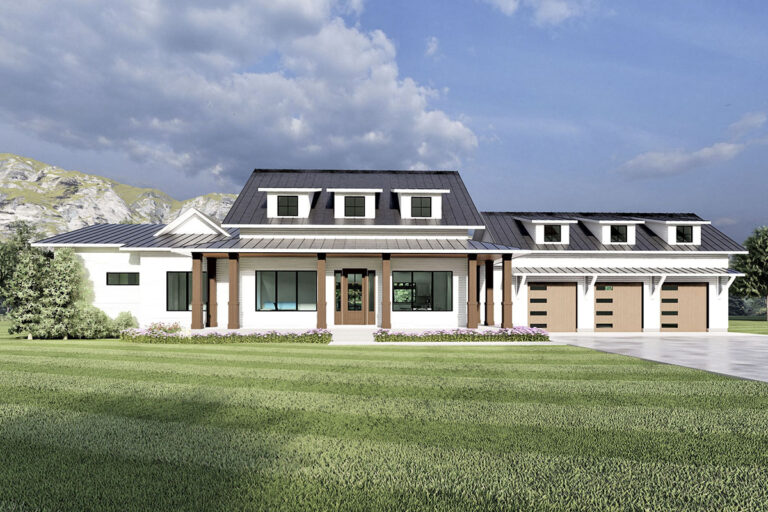Modern Farmhouse Rambler House Plan Under 2800 Square Feet with Vaulted Family Room (Floor Plan)