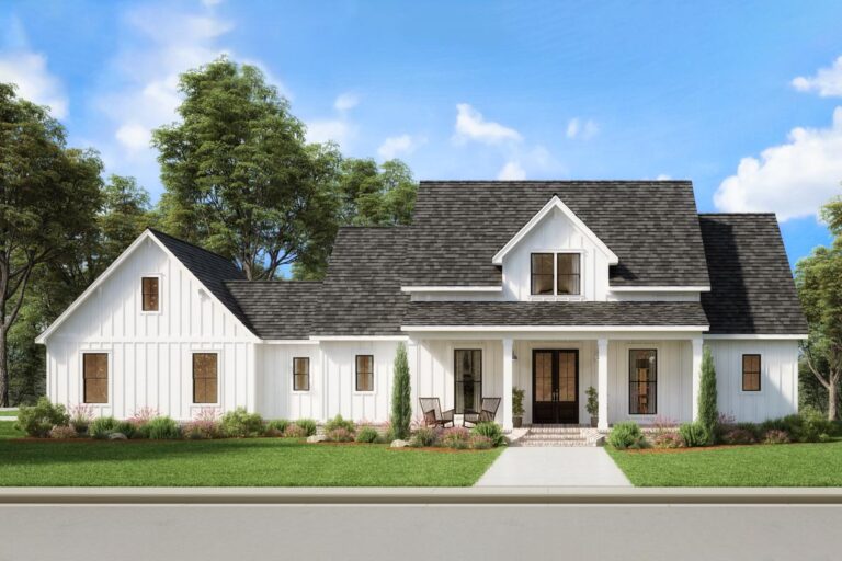 Modern Farmhouse Plan with Home Office and Extended Rear Porch – 2359 Ssq Ft (Floor Plan)