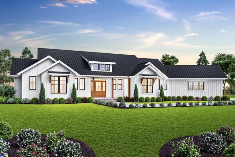 Modern Farmhouse Plan with Angled 3-Car Garage (Floor Plan)