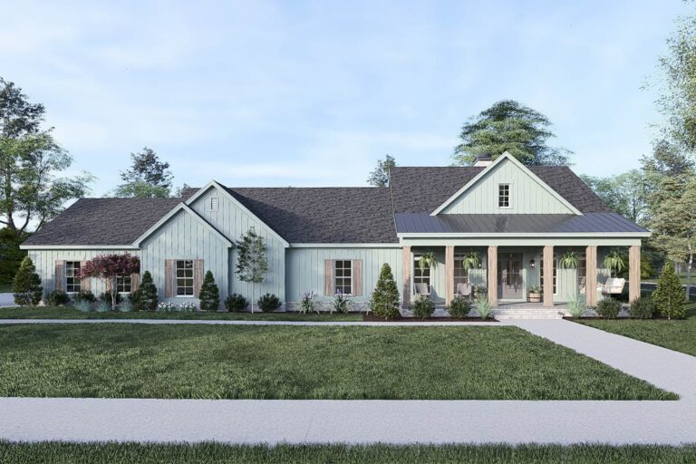 3-Bed Modern Farmhouse Plan with Study and Large Mudroom – 3046 Sq Ft (Floor Plan)