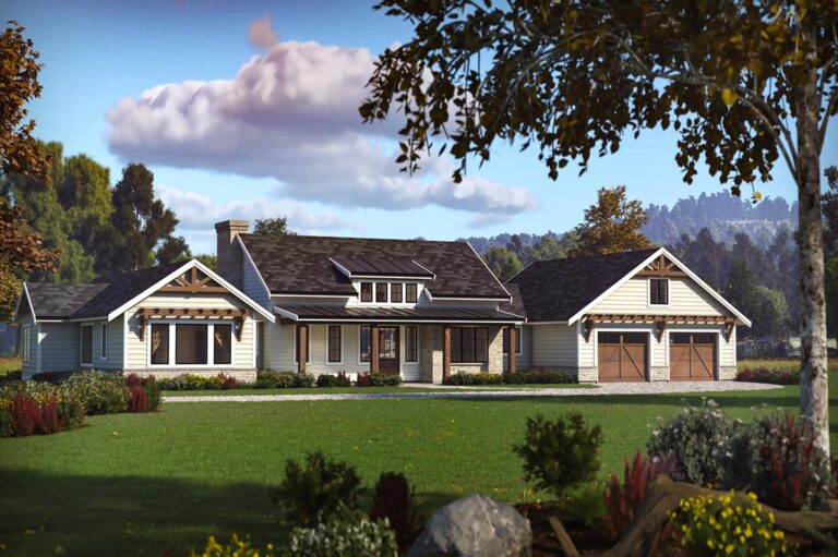 3-Bed Mountain Ranch Plan with Multiple Gathering Spaces (Floor Plan)