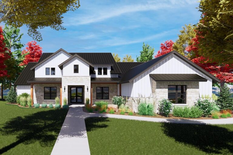 Transitional 3600 Square Foot One-Level House Plan with Split-Bed Layout (Floor Plan)