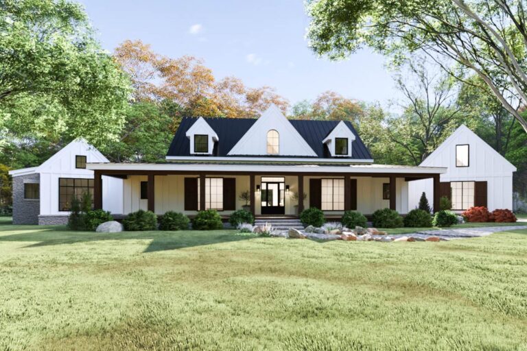 Modern Farmhouse with Angled Garage and Two-Story Great Room (Floor Plan)