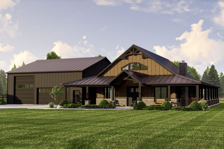 2000 Square Foot Farmhouse-Inspired Barndominium-Style House Plan with Wraparound Porch (Floor Plan)