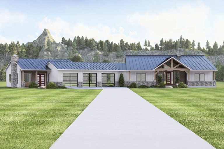 Modern Farmhouse Ranch with Angled 3-Car Garage and In-Law Suite, Guest Apartment (Floor Plan)