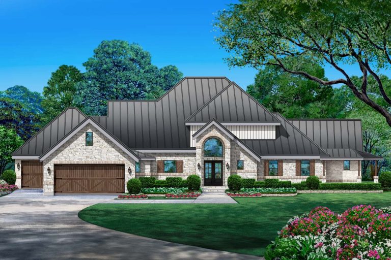 Modern Hill Country House Plan with Upstairs Study – 3706 Sq Ft (Floor Plan)
