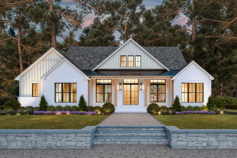 3-Bed Transitional Modern Farmhouse House Plan with Home Office – 2407 Sq Ft (Floor Plan)