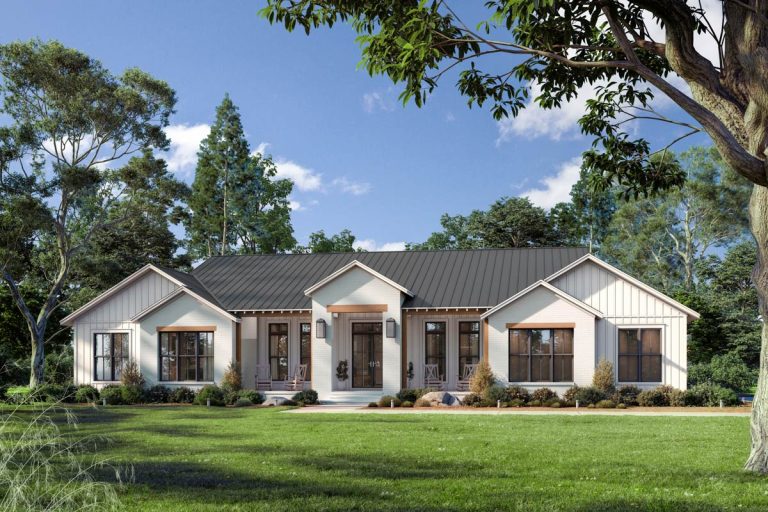 4 or 5 Bedroom Modern Transitional House Plan with Vaulted Living and 3-Car Garage (Floor Plan)