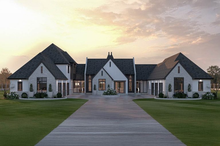 Two-Story European Home Plan with Expansive 6-Car Courtyard Garage (Floor Plan)