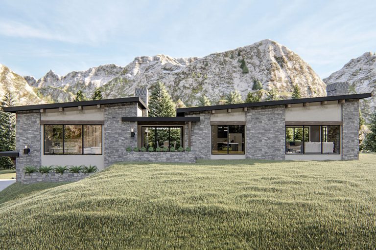 Mid-century Modern Home Plan with Courtyard and Drive-Under Garage – 2835 Sq Ft (Floor Plan)