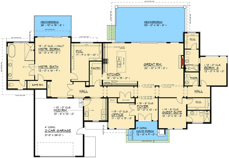 One-Story Contemporary Modern House Plan with Home Office – 3167 Sq Ft (Floor Plan)
