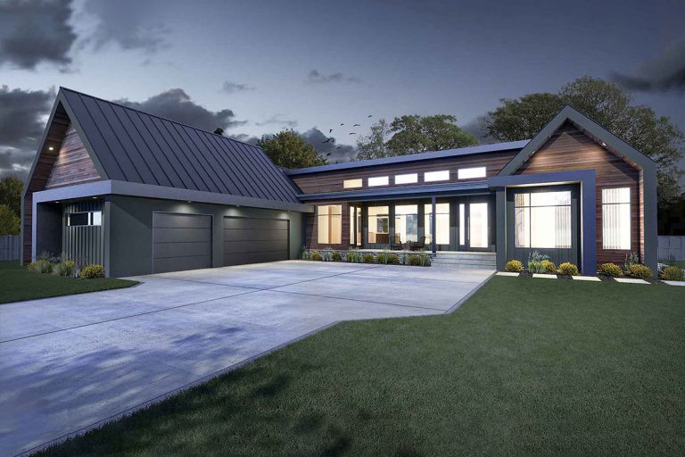 Split-bed Modern Farmhouse Plan with 11'-Deep Rear Deck – 3040 Sq Ft (Floor Plan)