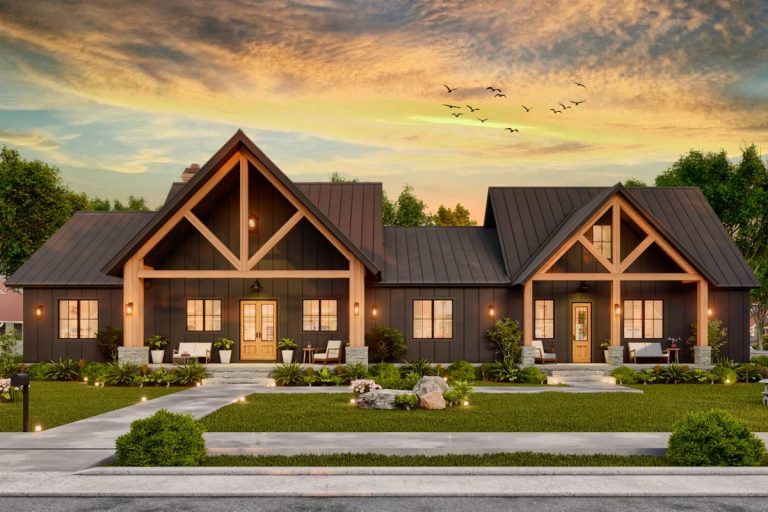 Expansive Mountain Ranch Plan with Outdoor Fireplace and Bonus Room (Floor Plan)