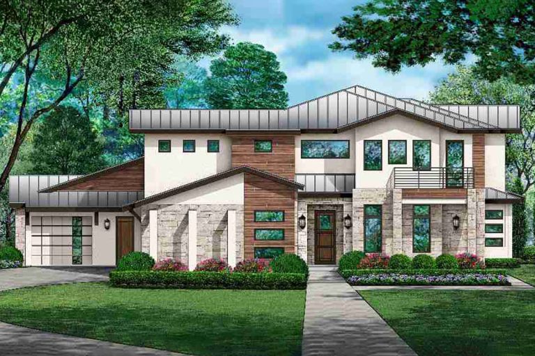 Contemporary Country House Plan with 3-Car Garage and Home Office (Floor Plan)