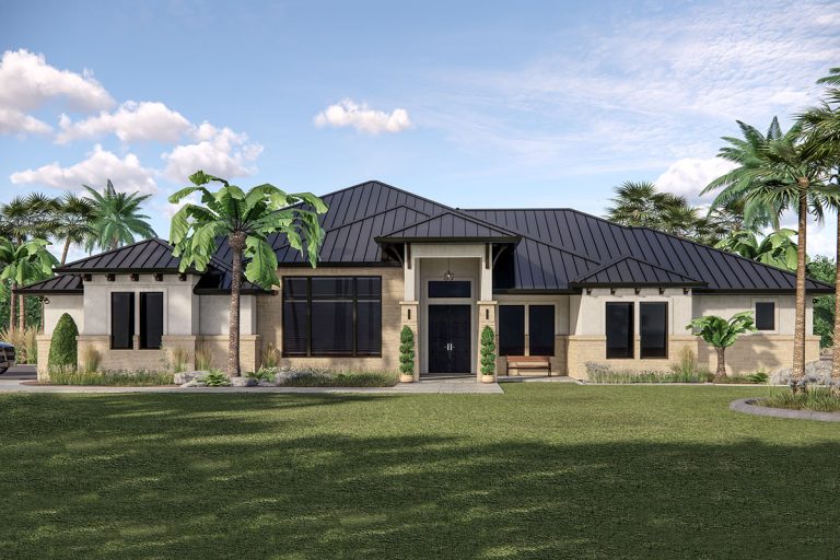 One-Story Transitional Home Plan with Split-Bed Layout (Floor Plan)