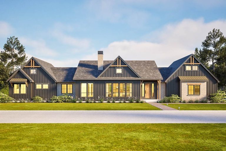 Spacious Modern Farmhouse Plan with 3-Car Garage and Outdoor Kitchen (Floor Plan)