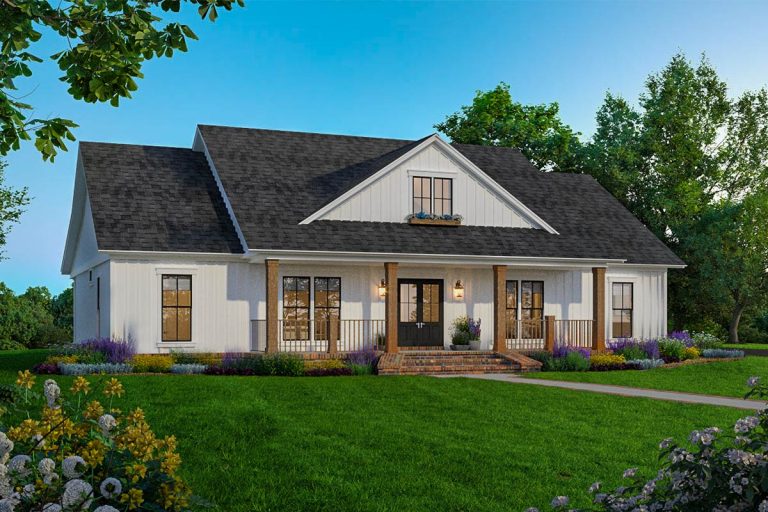 Modern Farmhouse Plan with Bonus Room and Spacious Porches (Floor Plan)