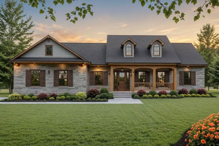 Craftsman House Plan with Split Bedrooms and Covered Porches (Floor Plan)