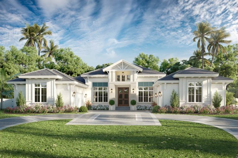 One-Story Coastal Contemporary House Plan with Outdoor Kitchen and Outdoor Fireplace – 4138 Sq Ft (Floor Plan)
