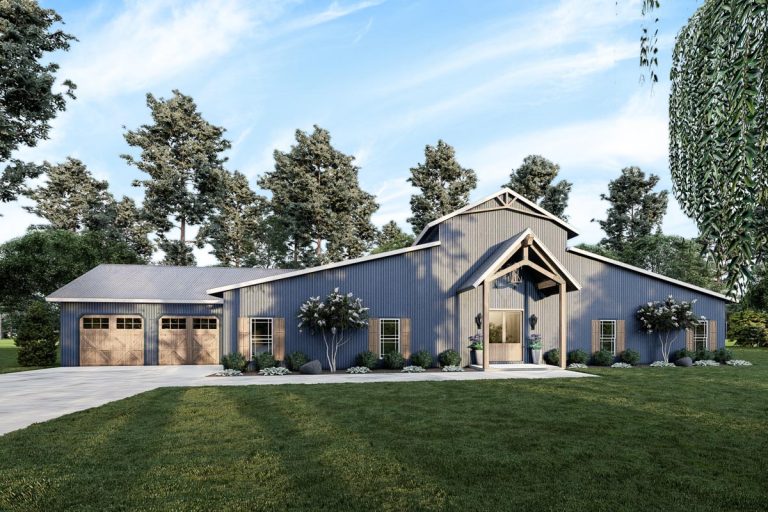 Barndominium Country House Plan with 2-Sided Fireplace in the Vaulted Great Room – 3246 Sq Ft (Floor Plan)