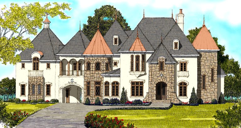 Luxury European-style House Plan with Angled Garage and a Circular Stair (Floor Plan)