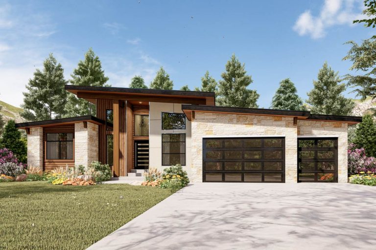 4-Bed Mid Century Modern House Plan with Finished Lower Level – 3743 Sq Ft (Floor Plan)