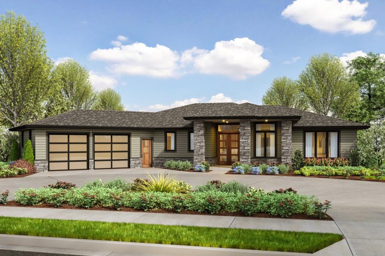 Contemporary Prairie Ranch Home Plan with Angled Garage (Floor Plan)