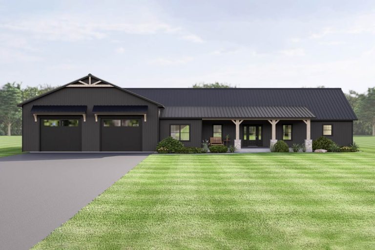 Modern Country Barndominium House Plan with Split Beds and Workshop Garage (Floor Plan)