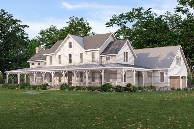 Grand Modern Farmhouse House Plan: 5 Beds, Two-Story Great Room, Wrap-Around Porch (Floor Plan)
