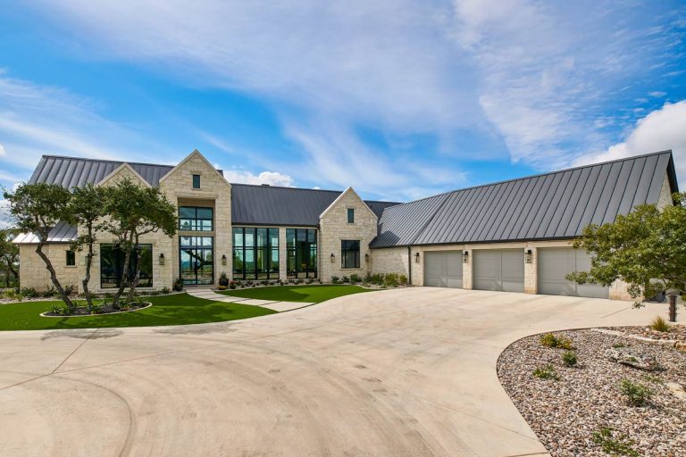 Contemporary Hill Country House Plan with Courtyard Garage and Outdoor Kitchen (Floor Plan)