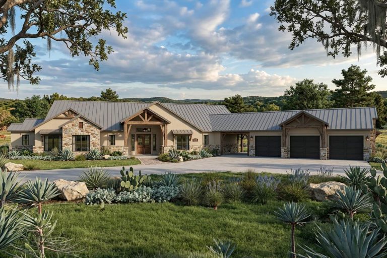 Hill Country House Plan with Split Bedrooms and Outdoor Kitchen (Floor Plan)