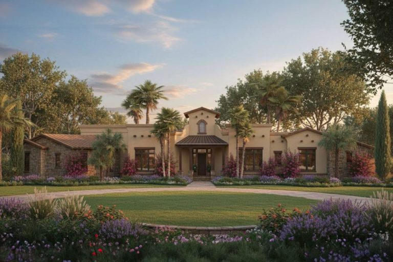 Spanish House Plan with 4 Bedrooms and Angled 3-Car Garage (Floor Plan)