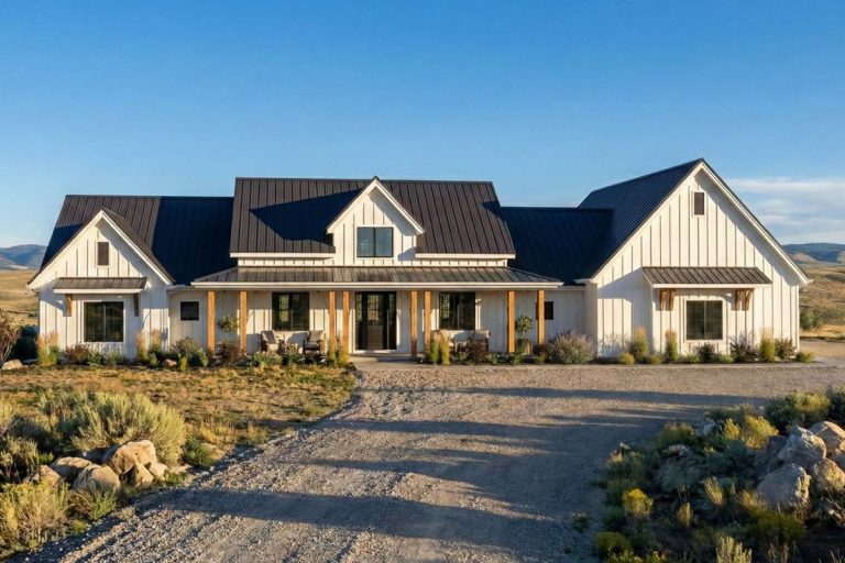 Spacious Modern Farmhouse House Plan with 4-Car Garage and Workshop (Floor Plan)