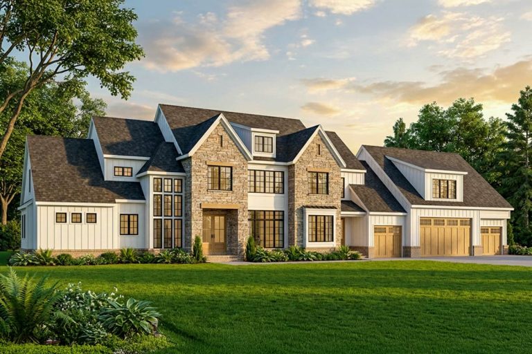 European Modern Farmhouse Plan: 6 Beds, Loft, 4-Car Garage (Floor Plan)