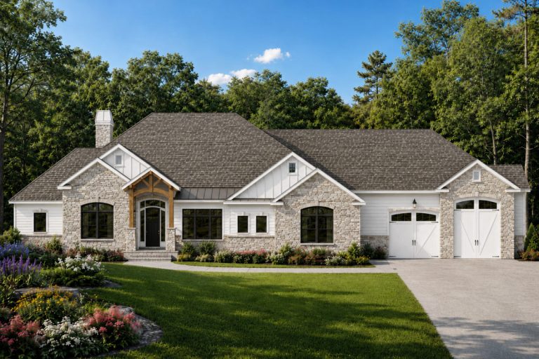 Grand Farmhouse House Plan with 4 Bedrooms, 5-Car Garage, and Walkout (Floor Plan)