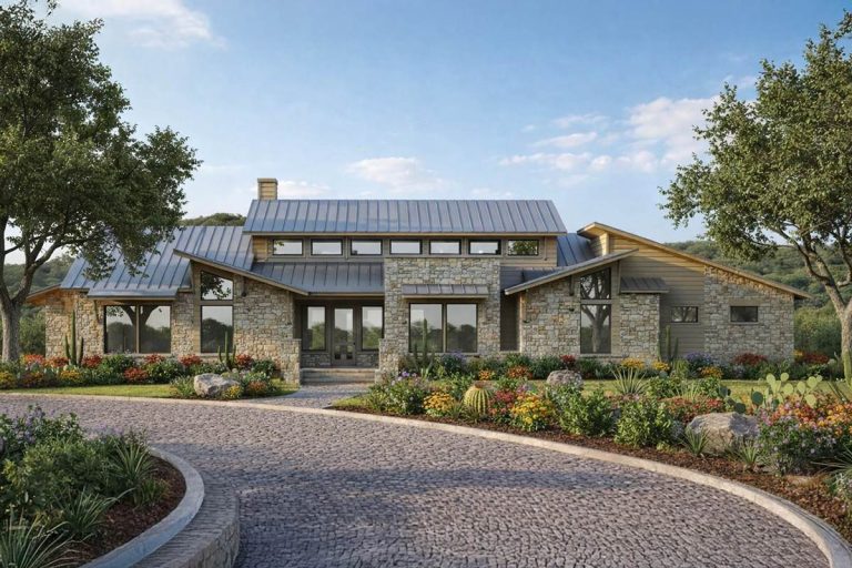 Modern Rustic Hill Country Stone House Plan with Two Master Suites and 3-Car Garage (Floor Plan)