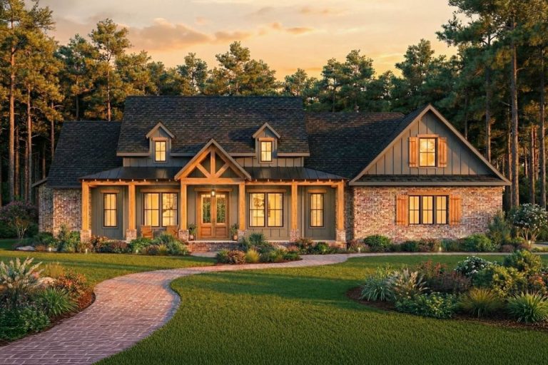 New American Farmhouse Plan with Brick and Board and Batten Exterior (Floor Plan)