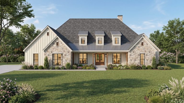 Four Bedroom Farmhouse House Plan with Private Master Suite (Floor Plan)