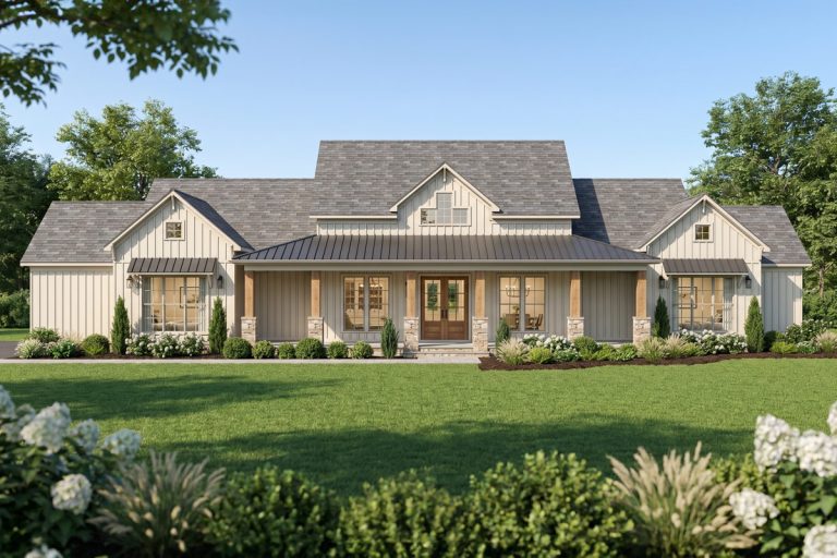 Four Bedroom Farmhouse House Plan with Master Suite and Study (Floor Plan)